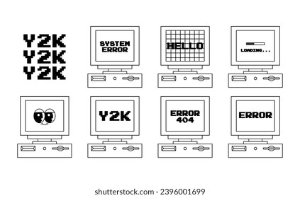 User Interface y2k stickers. Retro personal computers icon in flat style. Nostalgia pc elements and operating system. Black white colors. Vector illustration.