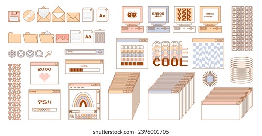User Interface y2k stickers. Retro icon browser, buttons, screen computer, folder, file, document thumbnails, loading progress bar, notifications and more. Delicate pastels vector illustration.