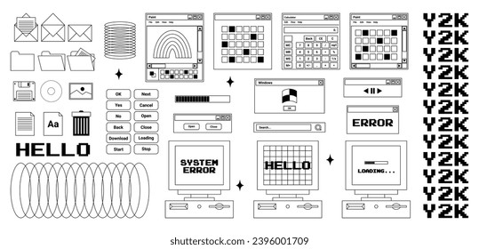 User Interface y2k stickers. Retro icon browser, buttons, screen computer, folder, file, document thumbnails, loading progress bar, notifications and more. Black, white colors. Vector illustration.