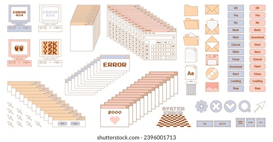 User Interface y2k stickers. Retro icon browser, buttons, screen computer, folder, file, document thumbnails, loading progress bar, notifications and more. Delicate pastels vector illustration.