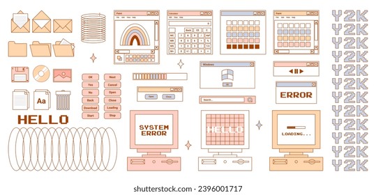User Interface y2k stickers. Retro icon browser, buttons, screen computer, folder, file, document thumbnails, loading progress bar, notifications and more. Delicate pastels vector illustration.