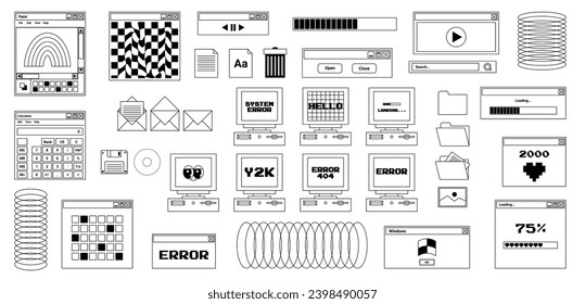 User Interface y2k stickers. Retro icon browser, buttons, screen computer, folder, file, document thumbnails, loading progress bar, notifications and more. Black, white colors. Vector illustration.