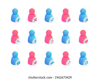 User isometric icons set. 3d Personal information, account settings and protection, user search, web profile safety icon. Vector social media app infographic.