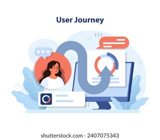 Concepto de Viaje del Usuario. Un usuario curioso navega por un camino digital, rodeado de iconos de comunicación y circuitos de retroalimentación. Mejora de UX, transiciones en línea sin problemas, exploración interactiva de plataformas.