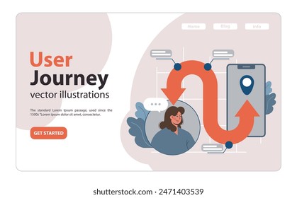 User journey exploration concept. A focused user connects with a mobile interface, highlighting the cyclical path of her digital experience. Seamless navigation, insightful feedback. Flat vector