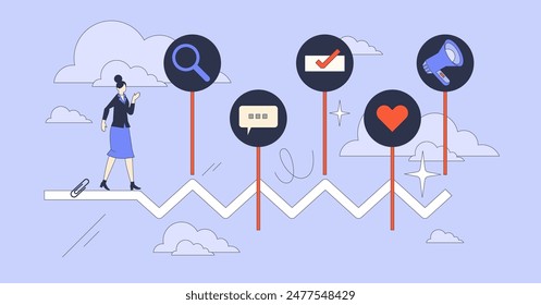 User journey mapping for software usage tiny person neubrutalism concept. Application experience from customer feedback vector illustration. App optimization and development from interaction research