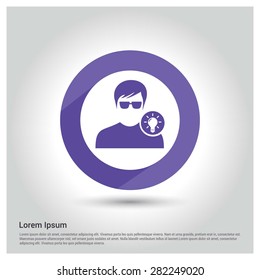 User with Lamp Light Idea Icon, Circle Long shadow pictogram icon on gray background.