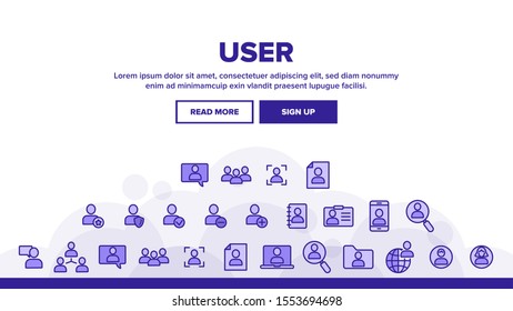 User Landing Web Page Header Banner Template Vector. Management, Human Resource, Business Person And User Linear Pictograms. Smartphone, Badge And Internet Account Profile Illustration