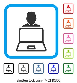 User Laptop icon. Flat gray iconic symbol in a light blue rounded rectangular frame. Black, gray, green, blue, red, orange color additional versions of User Laptop vector. Designed for web and app UI.