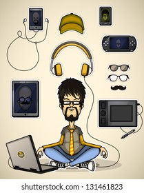 User with a laptop meditates surrounded devices