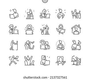 User with laptop. Remote work freelance. Home leisure. Network. Pixel Perfect Vector Thin Line Icons. Simple Minimal Pictogram