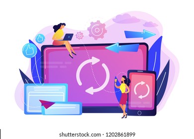 User with laptop and smartphone synchronizing. Cross-device syncing, cross-device synchronization and operation concept on white background. Bright vibrant violet vector isolated illustration