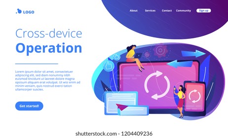 User with laptop and smartphone synchronizing. Cross-device syncing, cross-device synchronization and operation concept on white background. Website vibrant violet landing web page template.