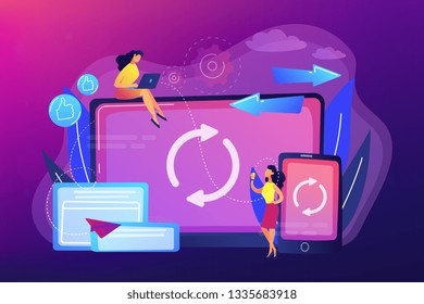 User with laptop and smartphone synchronizing. Cross-device syncing, cross-device synchronization and operation concept on ultraviolet background. Bright vibrant violet vector isolated illustration