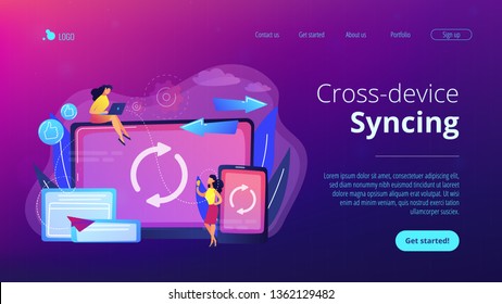 User with laptop and smartphone synchronizing. Cross-device syncing, cross-device synchronization and operation concept on white background. Website vibrant violet landing web page template.