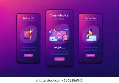 Usuario con sincronización de laptop y smartphone. Sincronización entre dispositivos, sincronización entre dispositivos y concepto de operación en fondo blanco. Plantilla de interfaz de usuario de usuario de Mobile UX GUI, wireframe de interfaz de aplicación