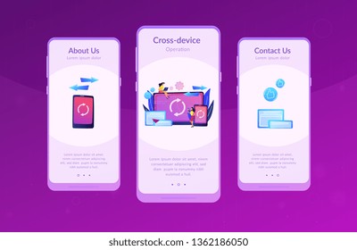 Usuario con sincronización de laptop y smartphone. Sincronización entre dispositivos, sincronización entre dispositivos y concepto de operación en fondo blanco. Plantilla de interfaz de usuario de usuario de Mobile UX GUI, wireframe de interfaz de aplicación