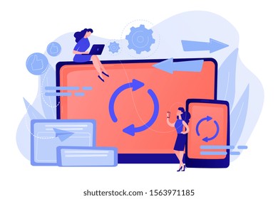 User with laptop and smartphone synchronizing. Cross-device syncing, cross-device synchronization and operation concept on white background. Pinkish coral bluevector isolated illustration