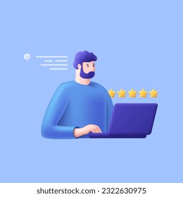 User leaves feedback online concept vector illustration. Bearded man writing comment about product. Marketing 3D cartoon composition for web design. Creative idea for website, mobile, presentation