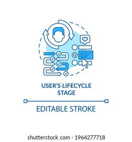 User Lifecycle Stage Blue Concept Icon. Company Marketing Strategy. Consumer Journey. Smart Content Idea Thin Line Illustration. Vector Isolated Outline RGB Color Drawing. Editable Stroke