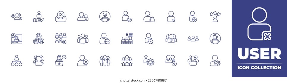 User line icon collection. Editable stroke. Vector illustration. Containing best employee, user settings, users avatar, customer, add friend, create group button, system administrator, verified user.