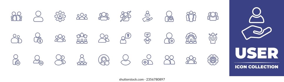 Colección de iconos de la línea de usuario. Trazo editable. Ilustración vectorial. Conteniendo grupo, experto, sobre nosotros, eliminar usuario, usuario, online, usuario avatar, equipo, pregunta, éxito, equipo, amigos.