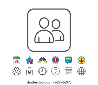 User line icon. Couple or Group sign. Person silhouette symbol. Calendar, Globe and Chat line signs. Binoculars, Award and Download icons. Editable stroke. Vector
