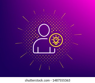 User line icon. Halftone pattern. Profile with Lamp bulb sign. Person silhouette with idea symbol. Gradient background. User idea line icon. Yellow halftone pattern. Vector