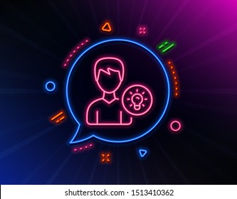 User line icon. Neon laser lights. Profile with Lamp bulb sign. Male Person silhouette with idea symbol. Glow laser speech bubble. Neon lights chat bubble. Banner badge with person idea icon. Vector