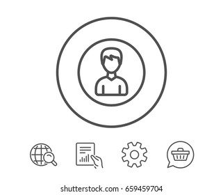 User line icon. Profile Avatar sign. Male Person silhouette symbol. Hold Report, Service and Global search line signs. Shopping cart icon. Editable stroke. Vector