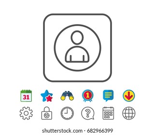 User line icon. Profile Avatar sign. Person silhouette symbol. Calendar, Globe and Chat line signs. Binoculars, Award and Download icons. Editable stroke. Vector