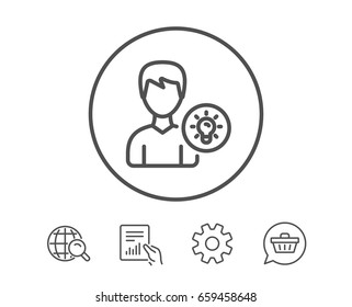 User line icon. Profile with Lamp bulb sign. Male Person silhouette with idea symbol. Hold Report, Service and Global search line signs. Shopping cart icon. Editable stroke. Vector