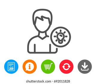 User line icon. Profile with Lamp bulb sign. Male Person silhouette with idea symbol. Report, Information and Refresh line signs. Shopping cart and Download icons. Editable stroke. Vector