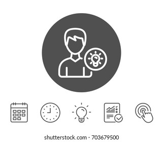 User line icon. Profile with Lamp bulb sign. Male Person silhouette with idea symbol. Report, Clock and Calendar line signs. Light bulb and Click icons. Editable stroke. Vector