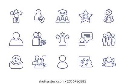 User line icon set. Editable stroke. Vector illustration. Containing star, education, rating, protection, group, users, user, profile, chat, access, add user, remove user, team leader.