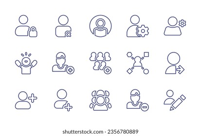 User line icon set. Editable stroke. Vector illustration. Containing gear, user, avatar, team, remove user, contact, happiness, user.