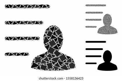 User list composition of humpy elements in variable sizes and color tinges, based on user list icon. Vector raggy elements are grouped into collage. User list icons collage with dotted pattern.