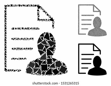 User list page composition of unequal items in various sizes and color tinges, based on user list page icon. Vector abrupt items are united into collage.