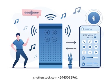 Usuario escuchando la columna de música y bailando. Asistente de voz, parte de la casa inteligente. Acceso para reproducir música en línea, archivos de audio. Tecnología inalámbrica. Sincronización de teléfono móvil con sistema acústico. Fiesta en casa.