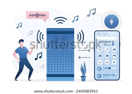User listening music column and dancing. Voice assistant, part of smart home. Access for online playing music, audio files. Wireless technology. Sync of mobile phone with acoustic system. Home party.