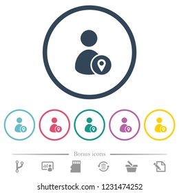 User location flat color icons in round outlines. 6 bonus icons included.