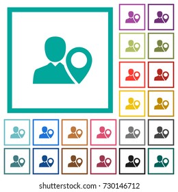 User location flat color icons with quadrant frames on white background
