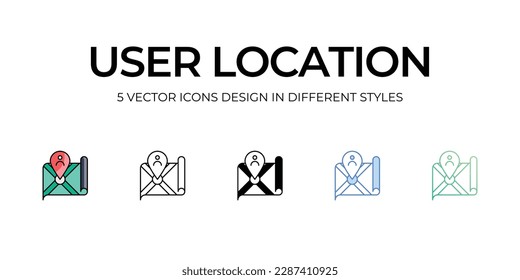 Diseño de iconos de ubicación de usuario en cinco estilos con barra de trabajo editable. Línea, Sólido, Línea plana, Color de tono Duo y Línea de degradado de color. Adecuado para diseño de páginas Web, aplicaciones móviles, UI, UX y GUI.