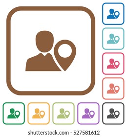 User location simple icons in color rounded square frames on white background