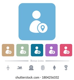 User location white flat icons on color rounded square backgrounds. 6 bonus icons included