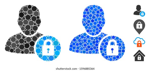 User lock mosaic of filled circles in various sizes and color tinges, based on user lock icon. Vector filled circles are united into blue illustration.