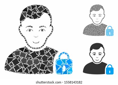 User locked composition of inequal parts in various sizes and color tints, based on user locked icon. Vector irregular parts are composed into mosaic. User locked icons collage with dotted pattern.