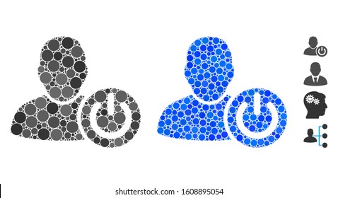 User log off composition of filled circles in variable sizes and color tinges, based on user log off icon. Vector filled circles are united into blue composition.