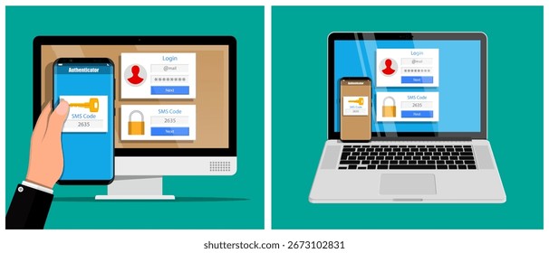 User login to account on desktop computer. Man hand hold smartphone for two factor authentification using security code.