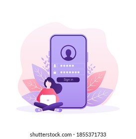 User login with character concept for any purpose. Vector line. Certificate icon design vector illustration. Computer screen. Mobile application design.